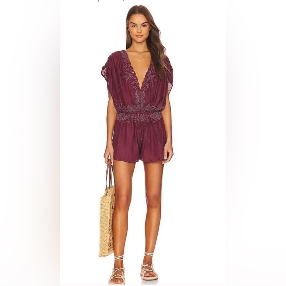Free People Weila Romper Burgundy Embroidered Sleeveless Oversized Size S